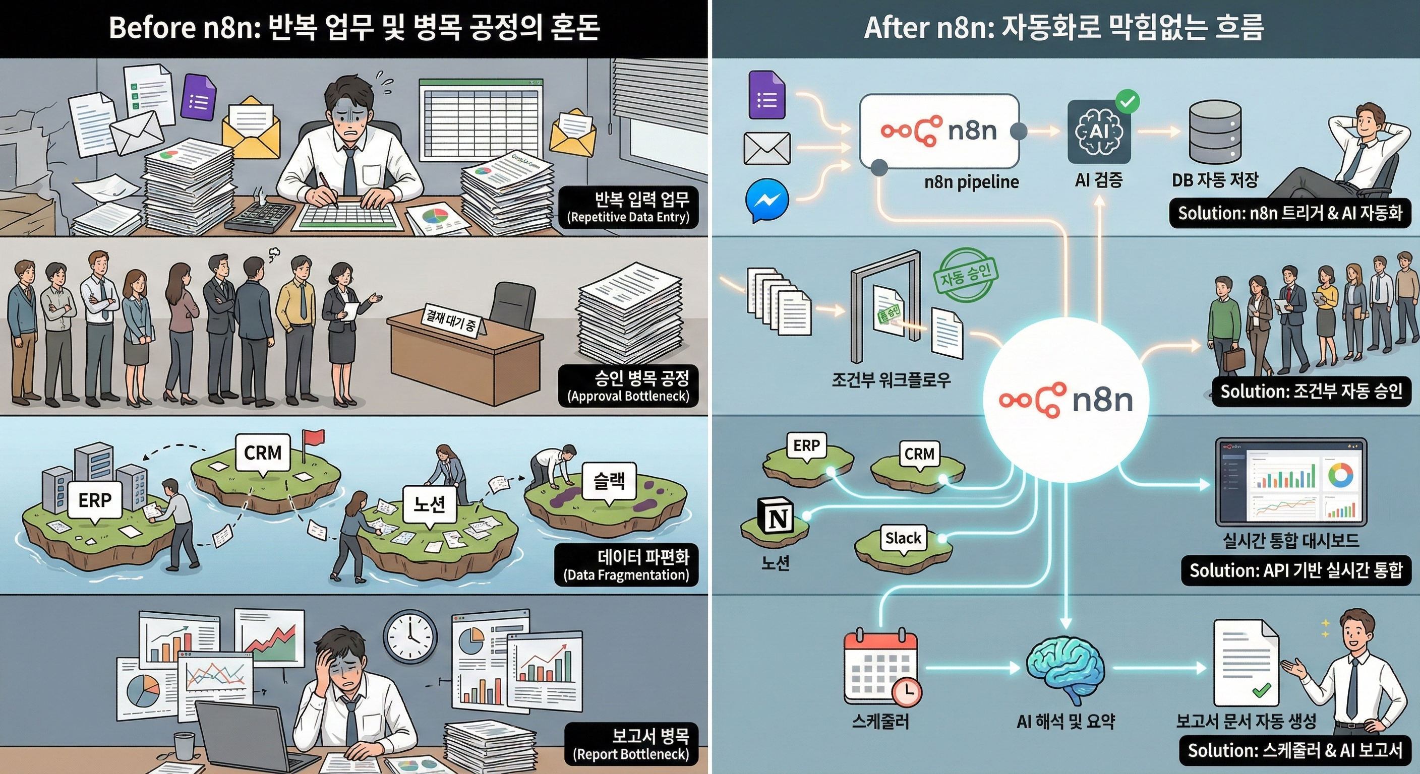 반복 업무 및 병목 공정 자동화 인포그래픽